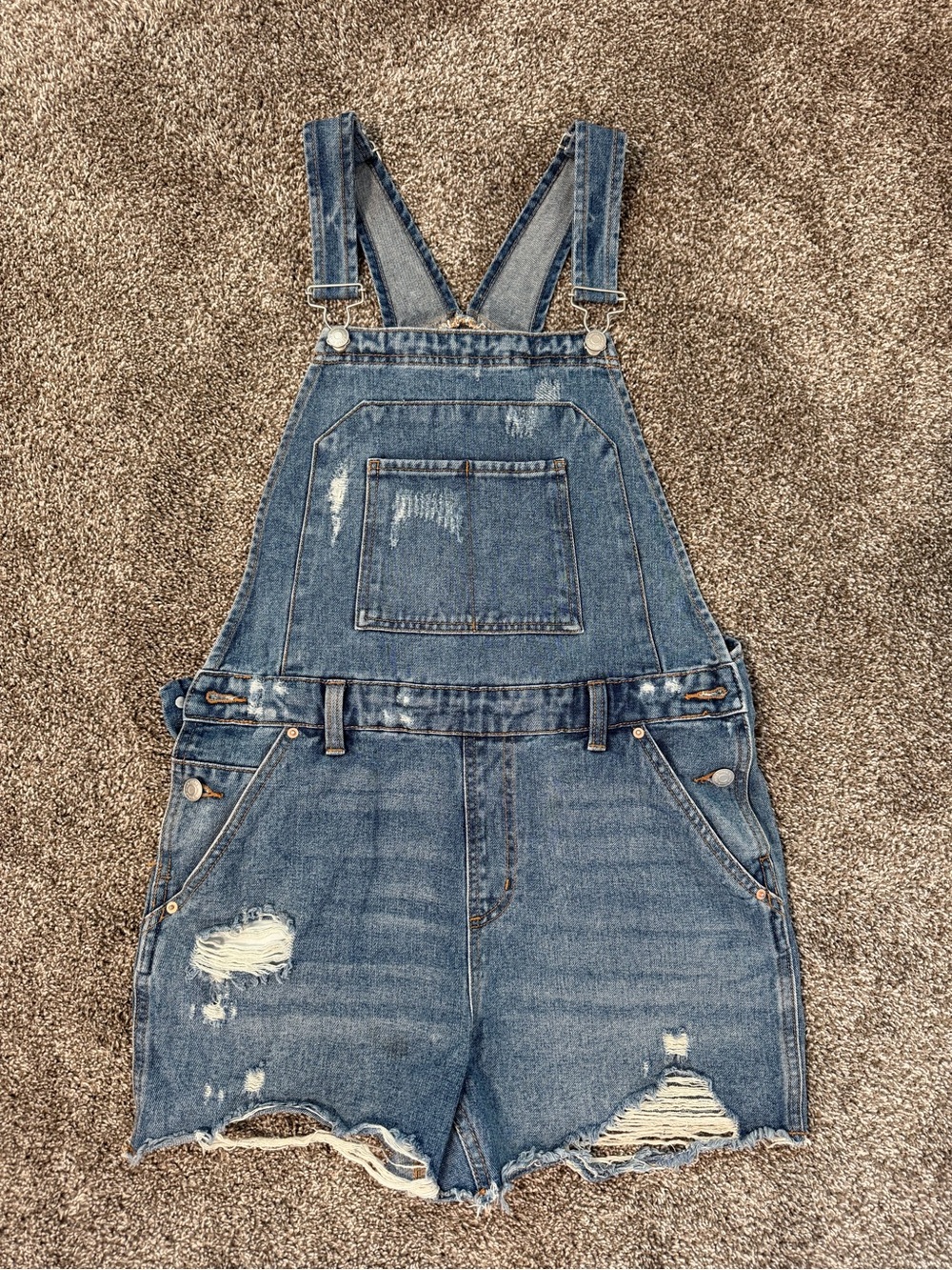 Women’s Distressed Denim Short Overalls